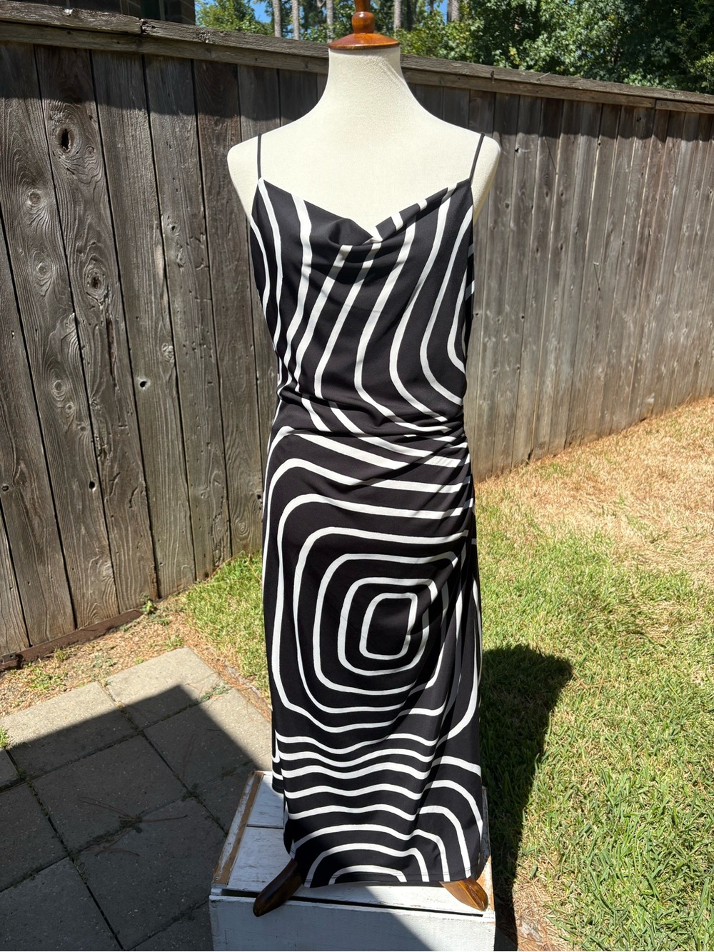 H&M Black and White Striped Cowl-Neck Midi Slip Dress